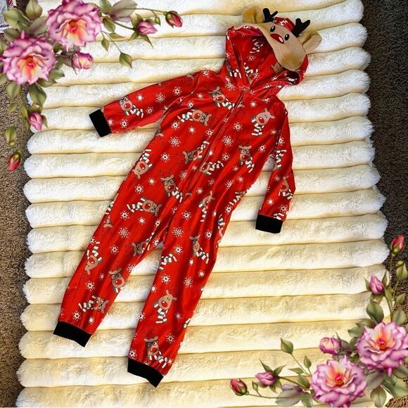 Christmas Reindeer print Hooded zip up pajama outfit - Picture 1 of 11